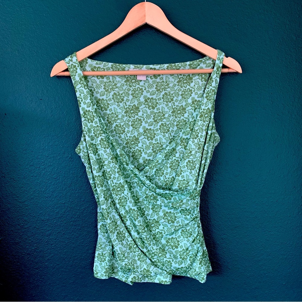 Y2k Green Floral Stretchy Mesh Sleeveless Blouse~